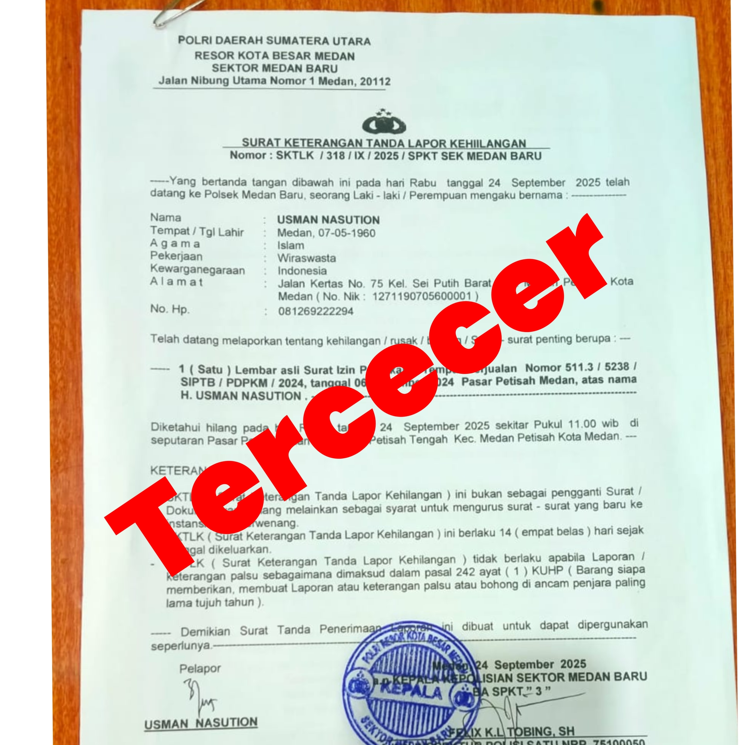Tercecer Sebuah Surat Pemakaian Berjualan Atas Nama H. USMAN NASUTION