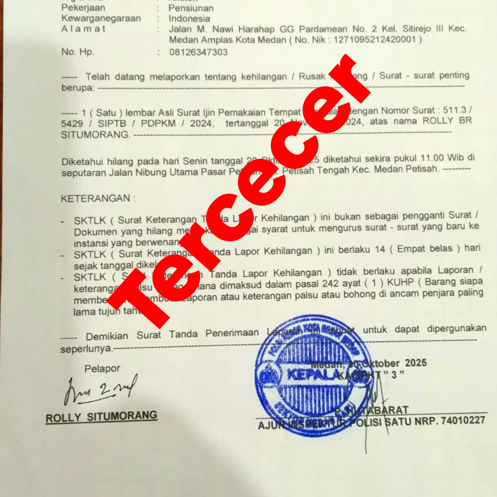 Telah Tercecer Selembar Surat SIPTB atas Nama ROLLY BR SITUMORANG