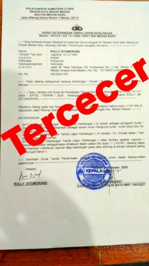 Telah Tercecer Surat Izin Pemakaian Tempat Berjualan Atas Nama ROLLY BRSITUMORANG