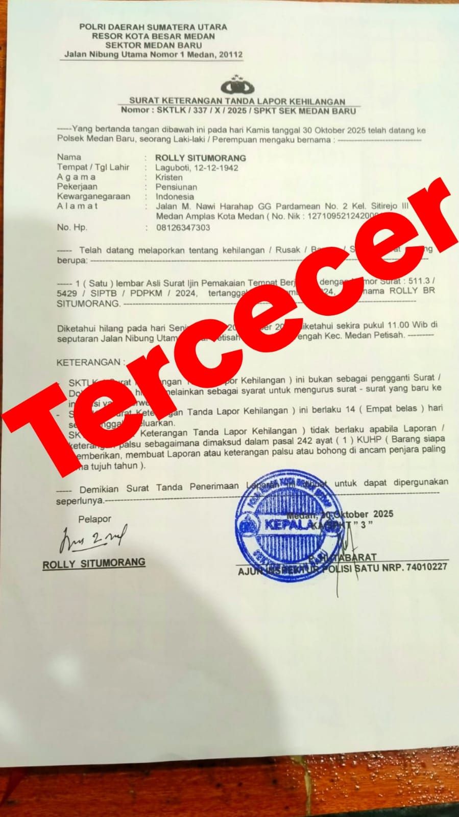 Telah Tercecer Surat Izin Pemakaian Tempat Berjualan Atas Nama ROLLY BRSITUMORANG