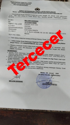Telah Tercecer Surat Keterangan Registrasi Pedagang Pasar Kampung Lalang Nama  HOTMARIANI