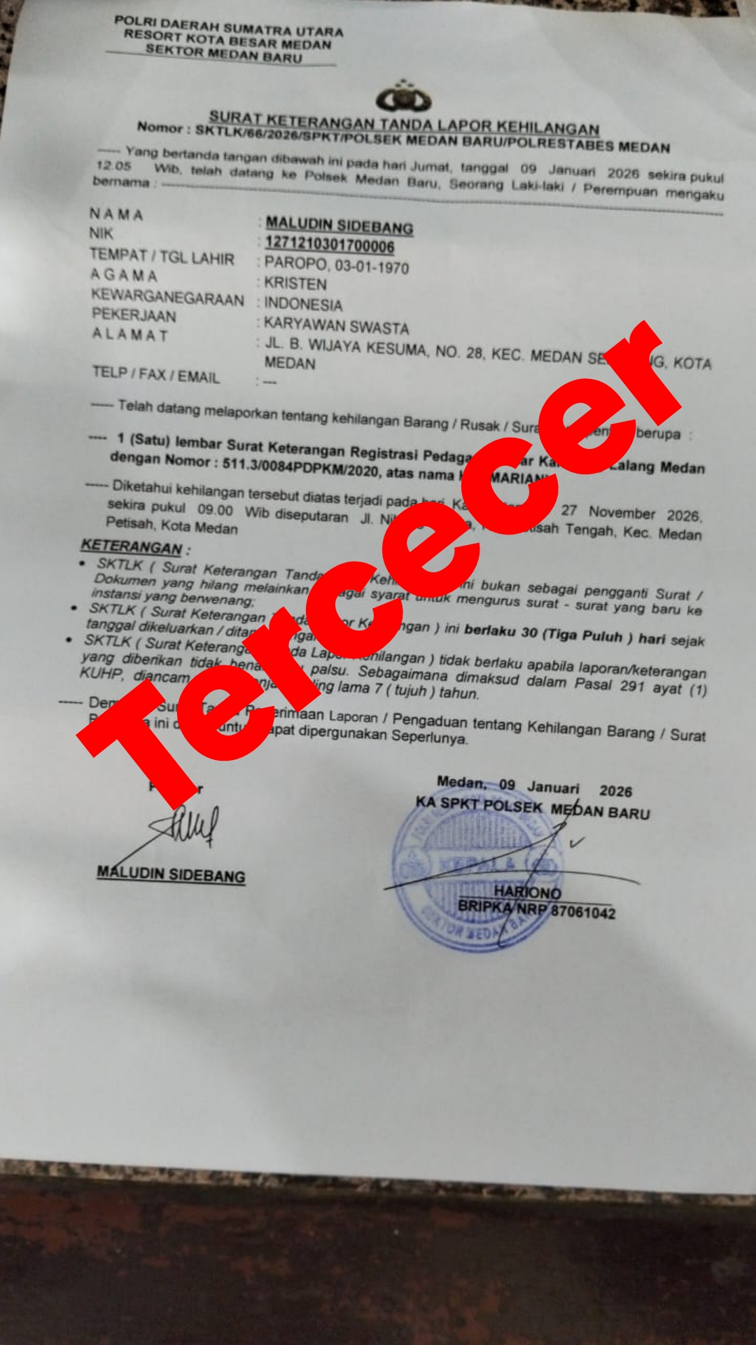 Telah Tercecer Surat Keterangan Registrasi Pedagang Pasar Kampung Lalang Nama  HOTMARIANI
