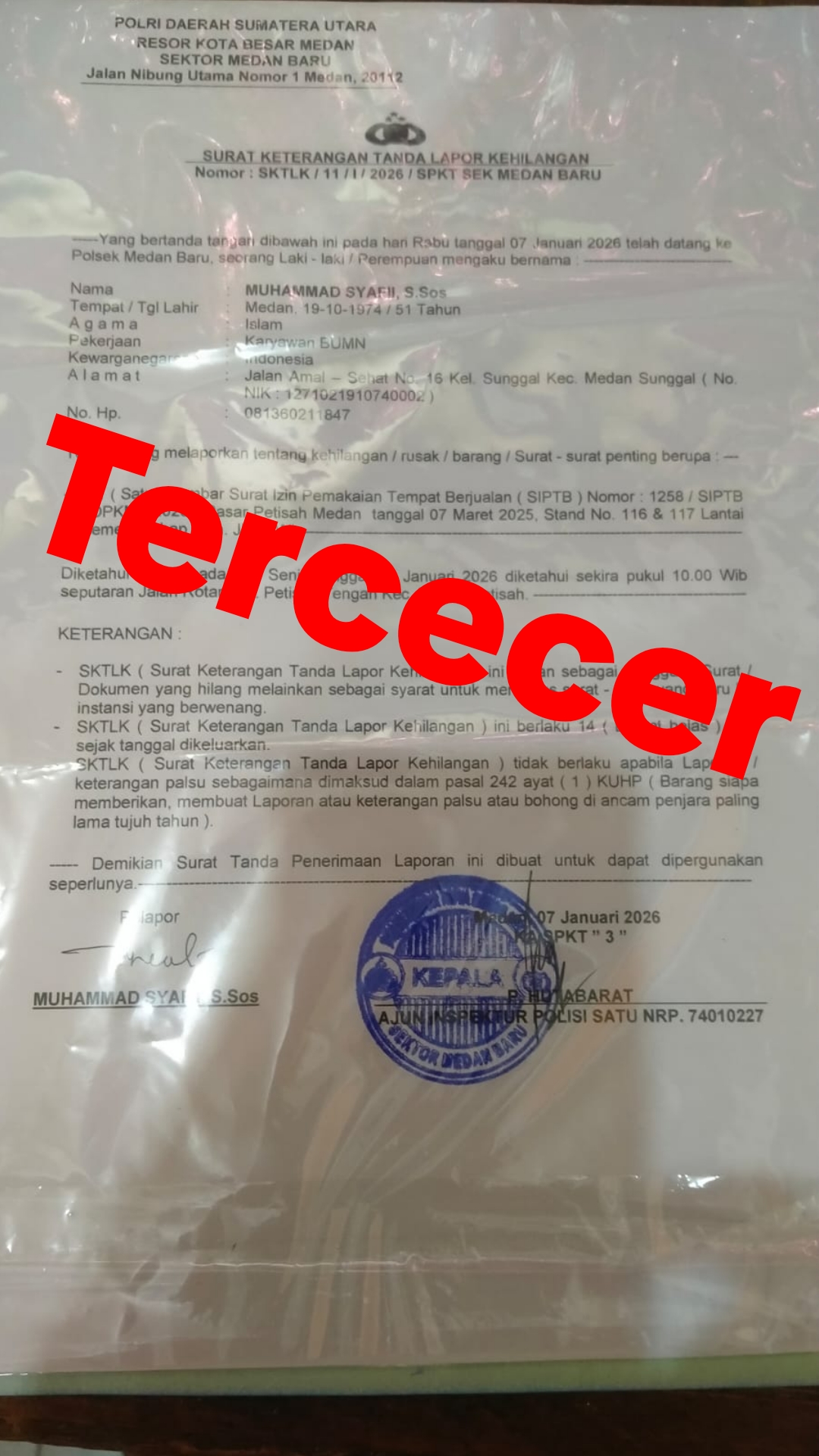 Telah Tercecer Surat Keterangan Izin Berjualan Atas Nama JUNAWI