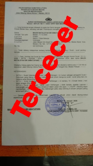 Telah hilang/Tercecer Surta Izin Pemakaian Tempat Berjualan Atas Nama Maudi Natalsyah Br Simatupang