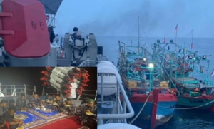 Suasana  Hangat Dan penuh kebersamaan Di geladak KRI Tjiptadi-381 Prajurit TNI Angkatan Laut Gelar buka Puasa bersama Para Nelayan Di Perairan Laut Jawa