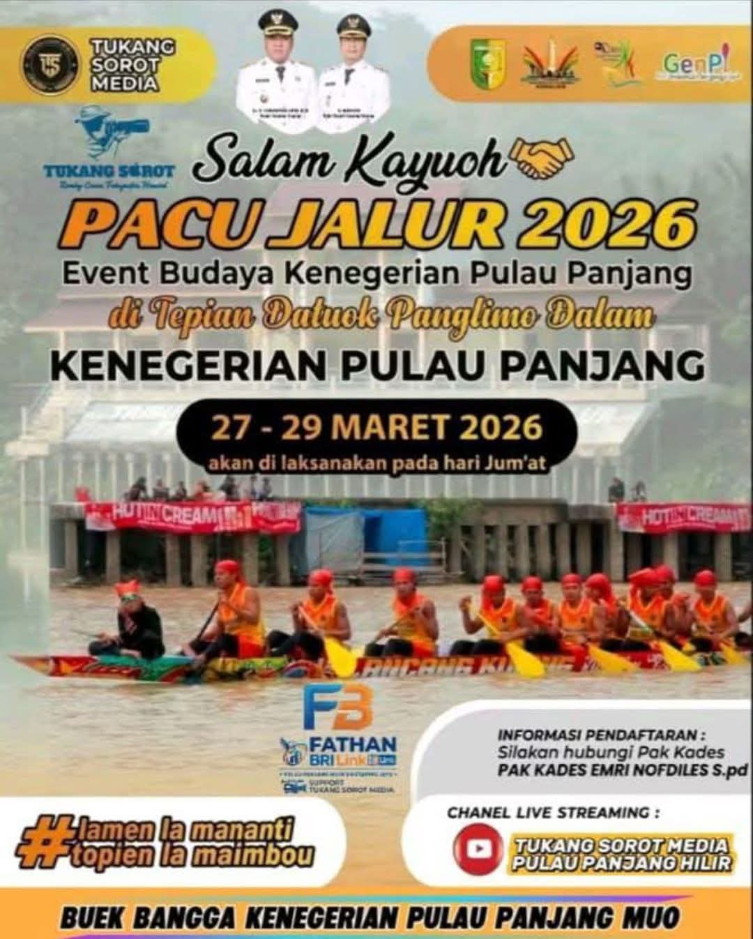 Pemerintahan Desa Bersama Pemuda/I Kenegerian Pulau Panjang Adakan Festival Pacu Jalur Kenegerian Pulau Panjang Berhadiah Rp 30 Juta