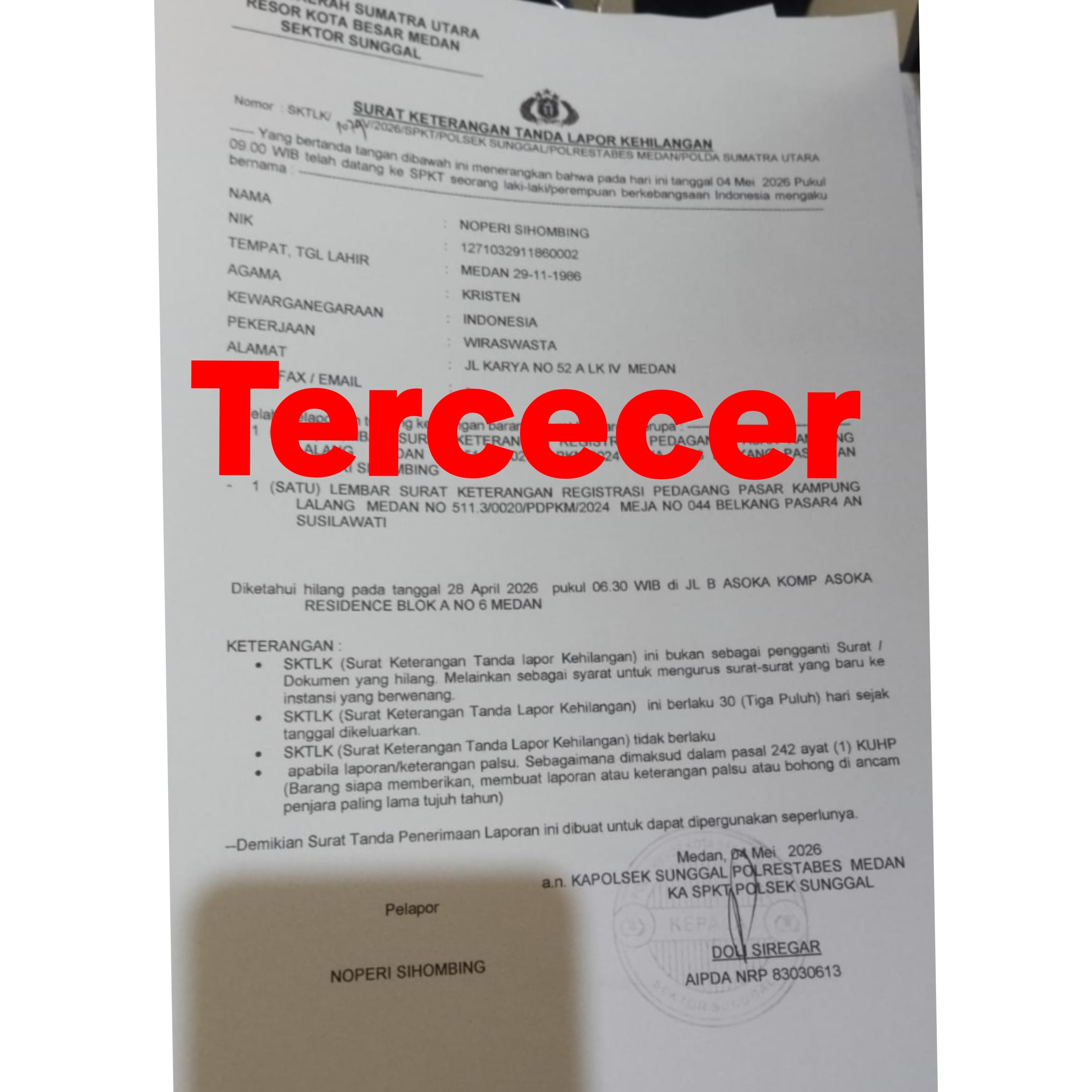 Tercecer Hilang SPTB AN NOPRI SIHOMBING .