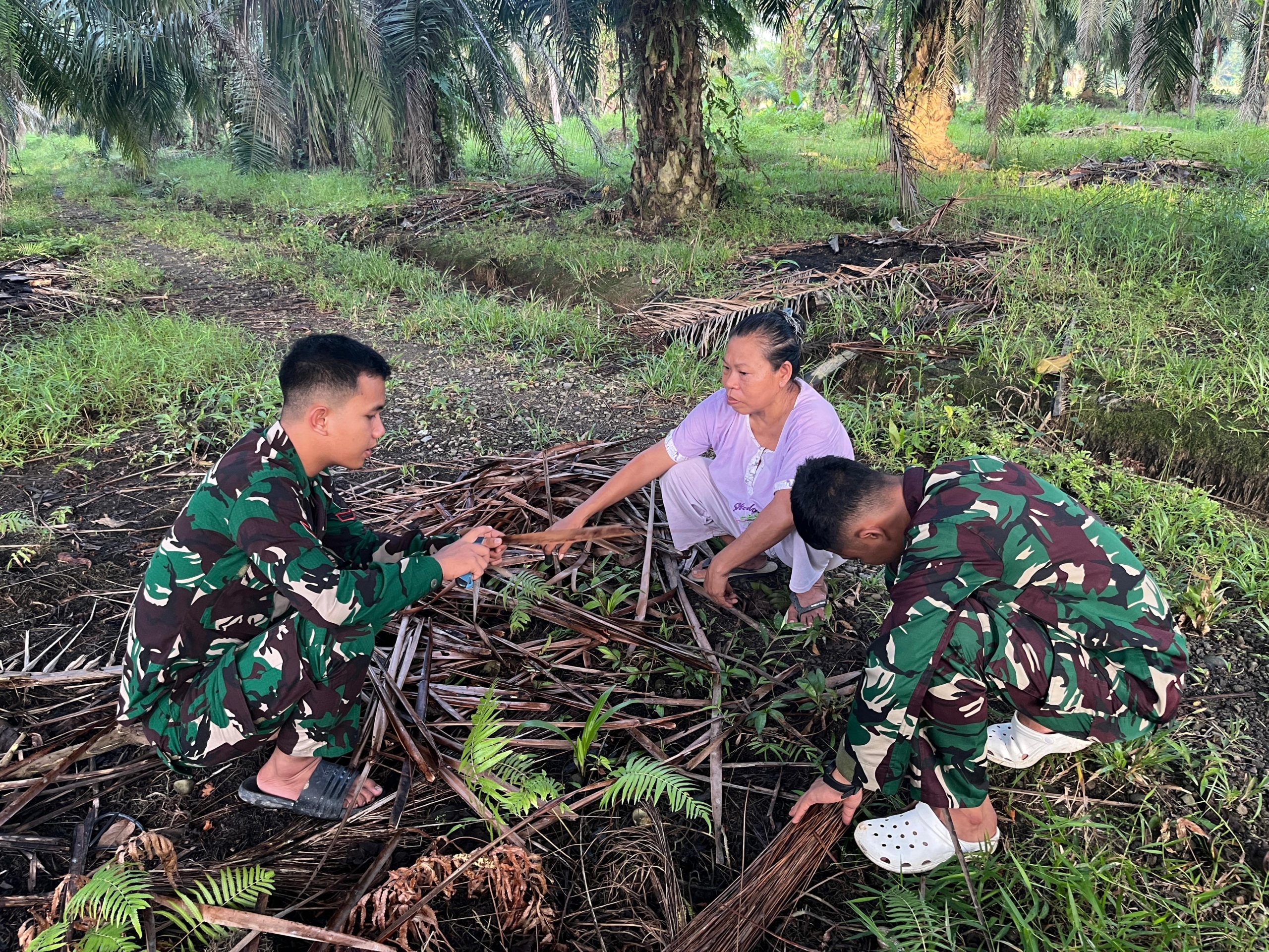 Manfaatkan Waktu Luang, Anggota Satgas TMMD Bantu Warga Meraut Sapu Lidi