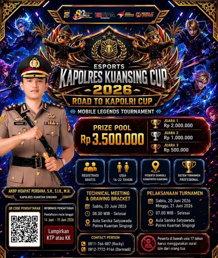Kapolres Kuansing Cup 2026 Digelar 20-21 Juni, Total Hadiah Rp3,5 Juta & Tiket ke Kapolri Cup