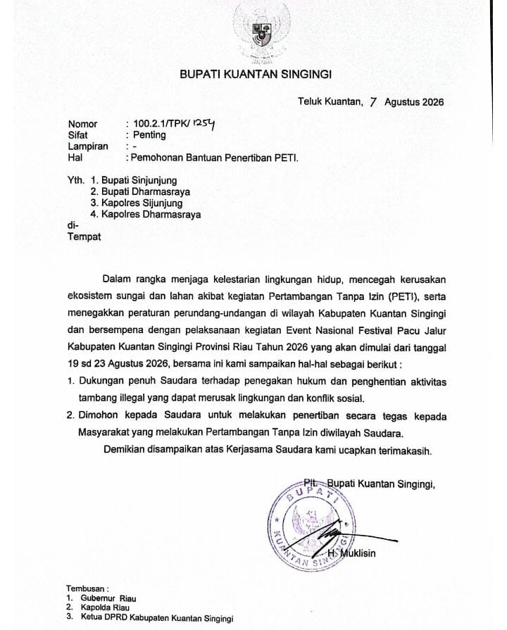 Surat Resmi Plt Bupati Muklisin: Hentikan Tambang Ilegal Demi Jaga Sungai dan Event Nasional