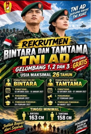 Tentara Nasional Indonesia Angkatan Darat (TNI AD) resmi membuka penerimaan calon prajurit Bintara dan Tamtama untuk Gelombang 1, 2, dan 3 Tahun 2027.